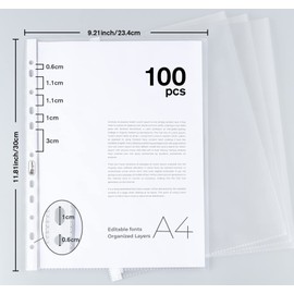 100 x Clear A4 Plastic Punched Punch Pockets, 160 Micron Heavy Duty File Binder Pockets - Extra Strong A4 Punched Pockets for Documents Folders Wallets Sleeves