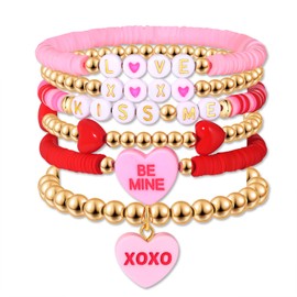 boderier 6Pack Valentines Bracelets for Women Beaded Heart Love XOXO Bracelets Stackable Valentines Day Gifts for Women, one size, no gemstone