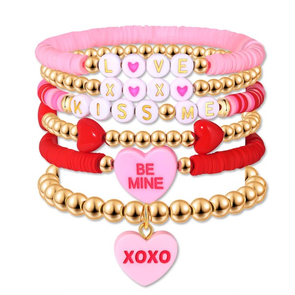 boderier 6Pack Valentines Bracelets for Women Beaded Heart Love XOXO
