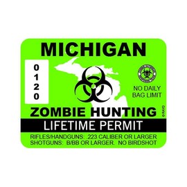 RDW Michigan Zombie Hunting Permit - Color Sticker - Decal - Die Cut - Size: 4.00" x 3.00"