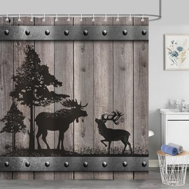 Cortina de ducha rústica de ciervos del bosque, de animales salvajes, granja, clásico, color negro, para puerta de baño, decoración de baño, tela impermeable con 12 ganchos, 72 x 72 pulgadas