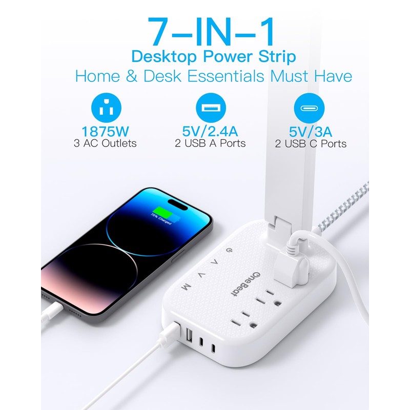 Power Strip with LED Desk Lamp, 3 Outlets 4 USB