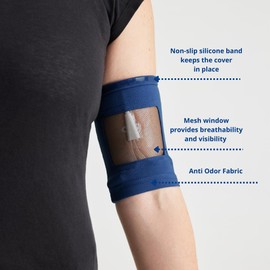 Care+Wear PICC Line Cover - Cubierta antimicrobiana de ultra agarre para la parte superior del brazo que proporciona comodidad, seguridad y transpirabilidad con ventana de malla (XXS pequeña, azul marino)
