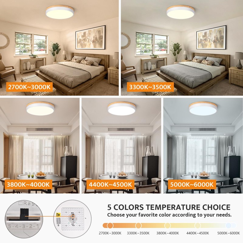Yiisem Dimmable Wood LED Flush Mount Ceiling Light, 5CCT 2700K-6000K