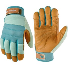 Wells Lamont Women's HydraHyde Leather Hybrid Gloves – Water-Resistant, Durable Cowhide Palm, Spandex Stretch Back – Ideal Landscaping/Farming/Gardening Gloves – Adjustable Wrist – Small, Blue (3250S)