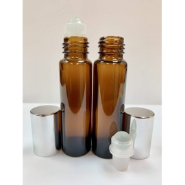 Ananda Corporation 10ml [1/3 oz] Amber Glass Rollon Bottle with Glass Roller & Aluminum Silver Caps [150 Pcs]