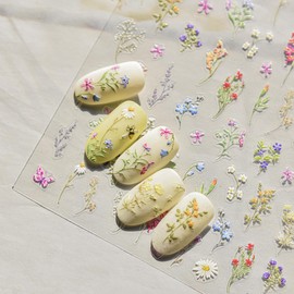 Spring for Nails, Flowers Nail Stickers 5D Reliefs Self Adhesive Nail Art Stickers Summer Flower Leaf Plant Daisy Butterfly Simple Floral DIY Slider for Manicuring Decorations Tips Decals for Women