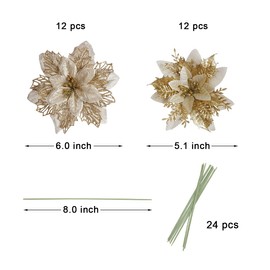 AotheFory Christmas Poinsettia Gold Flowers 24 Pack Glitter Silk Flowers for Christmas Tree Ornaments Xmas Wreaths Garland Winter Holiday Decorations (Gold)