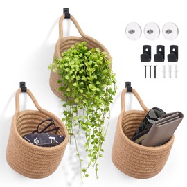 Fabric Wall Hanging Baskets - 3Pack Woven Pouchs Boho Style Wall Mounted Bag with Adhesive Hooks, Storage Organizers and Decoration Pocket Caddy Bins on Door Rack (Linen & Black, Large)