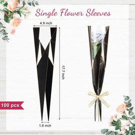 CLUEWR 100 Pack Single Rose Sleeves, Flower Bouquet Bags Single Flower Wrapping Bags with Ribbon for Valentine's Day, Wedding, Birthday, Florist Supplies (Black)