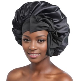 ZSPERKLA Silk Bonnet for Sleeping, with Tie Band, Double Layer Hair Bonnet Cap for Curly Hair, Elastic Shower Cap Bonnet for Women, Black