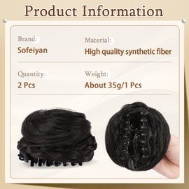 SOFEIYAN 2PCS Mini Claw Clip in Hair Bun Braid Messy Cat Ears Hair Bun Extension Synthetic Donut Wig Accessory Updo Space Bun Braid Hair Pieces for Women Girls, Darkest Brown Tend to Black