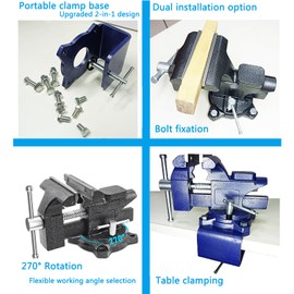 MYTEC 2-In-1 Bench Vise Heavy Duty for Workbench, 6.0" blue, Upgraded Multi-Purpose Table Vice, Universal Rotate 270°Work Clamp-On Vise