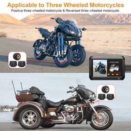 VSYSTO WiFi Positive/Reversed Three Wheeled Motorcycle Dash Cam, 3 Tire Pressure Sensors, 4'' Screen HD 1080P 150° Wide Angle SONY307 Front and Rear Camera, GPS, Full Body Waterproof (Black-X)