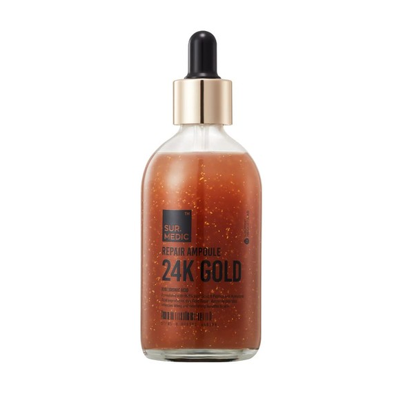 SUR.MEDIC+ 24K GOLD REPAIR AMPOULE 3.38 oz / 100ml - 99.9% Pure Gold, 10 kinds of Peptide, Hyaluronic Aid, Collagen, Natural ingredients, Sensitive Skin - Korean Skin Care