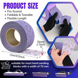 MOGRQAP Sandpaper Roll Multi-Hole, 70 mm x 12 m Sanding Sheet Roll, Grit 320, Pre-Cut, Hand Torn Sandpaper, Purple Sanding Roll, Ceramic Sanding Sheet Roll for Wood, Metal, Car Sanding