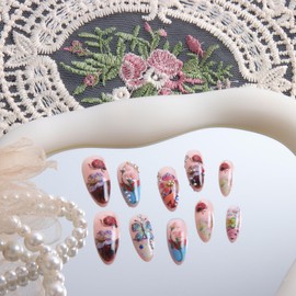 Melines Colorful Shining Flowers and Butterfly 24pcs Medium Almond Nails, Colorful Full Cover Artificial Stick on Nails Kit