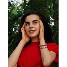 Braided Leather Bracelet for Women Cuff Black Beaded Bracelets for Men Adjustable Wrap Bangle Boho Bracelets Set Western Bracelet for Women(red)