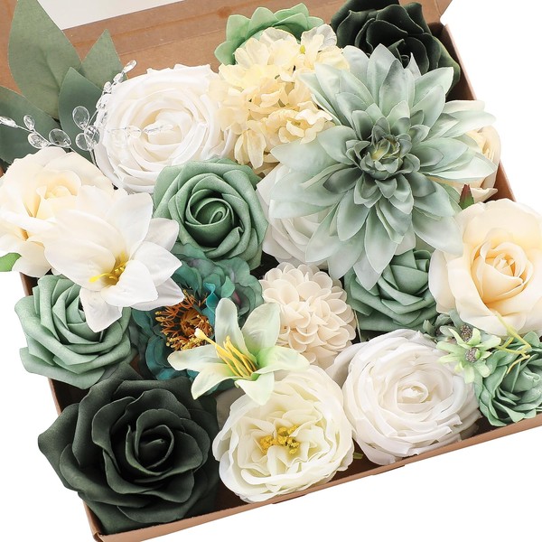 Floroom Sage Green Artificial Flowers Cream White Fake Roses Peonies
