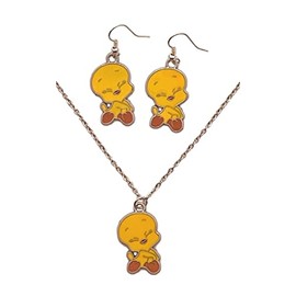 Tweety Cartoon Bird Cute Character Charm Pendant Necklace And Earrings Set