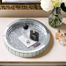 11” Mirrored Vanity Tray fits Dresser Bedroom,Gorgeous Perfume Tray with Rotation,Crushed Diamond Jewelry Tray,Glass Organizer Tray for Coffee Table Decor