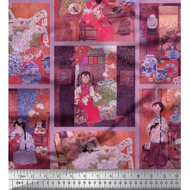 Soimoi Orange Velvet Fabric Flower Vase,Cat & Girl Patchwork Printed Craft Fabric BTY 58 Inch Wide