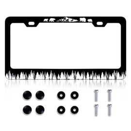 Forest License Plate Frame - Forest Mountain Cute Bear License Plate Holder, Rust-Proof Stainless Steel Waterproof Car Decorative Tag Frames for Standard Us 12x6 Inch