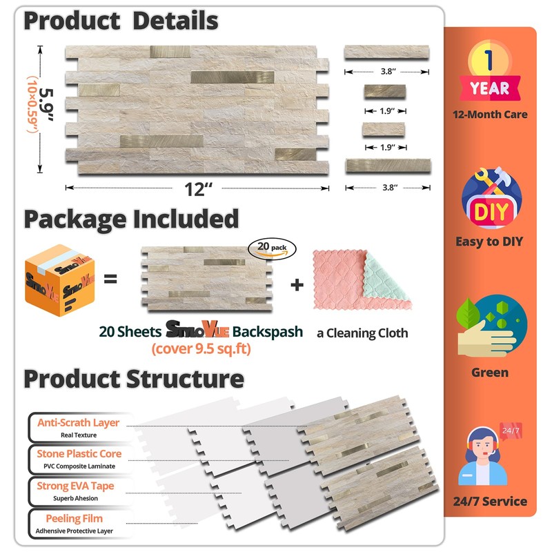 StyloVue 20 Sheets Kitchen Peel and Stick Backsplash Tiles, Beige