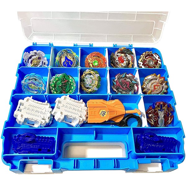 HOME4 Double Sided No BPA Toy Display Storage Container Box - Compatible with Mini Toys, Small Dolls, Tools Beyblade - Heavy Duty Organizer Carrying Case - 34 Adjustable Compartments (Blue)