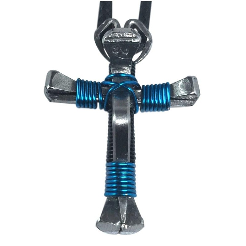 5 Nail Horseshoe Nail Cross Necklace - Black/Blue