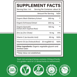 Zinc Quercetin Vitamin C D3 Liquid Immune Support with Organic Echinacea Elderberry, Immune Defense Drops Supplement for Adults- Vegan, Non-GMO, Gluten Free - 1 Fl Oz