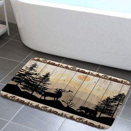 NYMB Rustic Cabin Bath Rugs for Bathroom, Cute Bear Deer Forest Print on Country Farmhouse Lodge Wooden Board Bathroom Rug Bath Mat Set Floor Mats, Wild Animas Vintage Doormat, (19X31in)