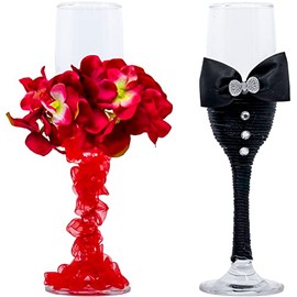 Stephanie Imports Red Floral Wedding Dress with Black Tuxedo - Bride and Groom Wedding Glass Champagne Flutes (Set of 2)