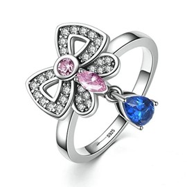 PAHALA 925 Sterling Silver Pink Blue Crystals Bow-Knot Cubic Zirconia Pave Wedding Engagement Band Ring 7