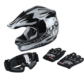 XFMT DOT Youth Kids Motocross Offroad Street Dirt Bike Helmet Youth Motorcycle ATV Helmet with Goggles Gloves Black Skull XL