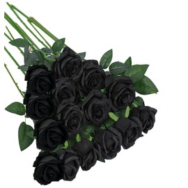 TBUY ROSE 16PCS Artificial Silk Flowers Faux Roses Bouquet Long Stem for Home Wedding Decoration Party (Black)