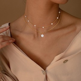 Treasure Bender Gold Pearl Necklaces for Women Trendy 14k Gold Plated Dainty Layered Necklaces Pearl Single Charm Pendant Necklace Women's Jewelry Best Friend Birthday Gifts Gold Jewelry for Women