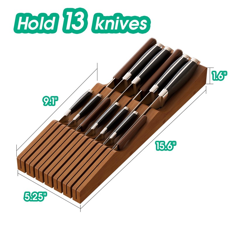 Knife Drawer Organizer, Bamboo Wood Knife Organizer Drawer Insert, Brown