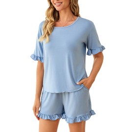 Womens Pajamas Set Short Sleeve Top and Ruffled Shorts Sleepwear with Pockets Two Piece Matching Outfits Set, Sky Blue, XL