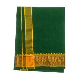 Kolakeer Men's Cotton Color Dhoti With Elegant Border - 4 Mulam/1.9 Mtrs Arunachalam Style Border Single Layer Veshti Mundu (Green)