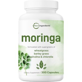 Micro Ingredients Moringa Oleifera | 300 Capsules with Supergreens Blend of Wheatgrass, Barley Grass, Spirulina, & Chlorella | Antioxidant Supplement, Energy, & Immune Support | Non-GMO