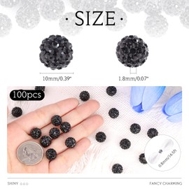 100 Pcs Black Rhinestone Beads for Jewelry Making, Sparkle Crystal Clay Christmas Beads for Bracelet Necklace Earring Crafting and DIY Decoration, Shiny Round Shamballa Disco Ball Beads Bulk