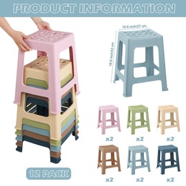 TURSTIN 12 Pack Plastic Stools 16.9 Inch Nesting Stools Bohemia 6 Color Portable Backless Bar Stool Flexible Seating Chairs for Back-to-School Season Classroom Office Home