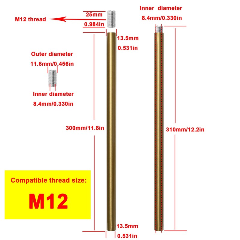 Haligate Brushed Brass M12 Threaded Extension Rod for Pendant Light,