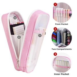 Fmeida Estuche para Lápices con Malla - Estuche Mejorado con 4 Compartimentos, Estuche Transparente para Marcadores, Organizador de Oficina para Universidad y Viajes - Rosa y Blanco