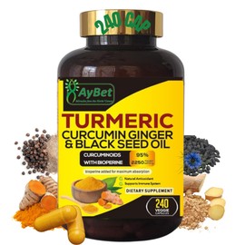 AyBet World 1st.Turmeric Curcumin Ginger&Black Seed Oil, 240 Caps, 2250mg, 95% Curcuminoids, BioPerin Added, Extra Strength, Organic, Halal, Vegan, Support Immune System, Antioxidant, Joint Support