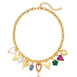 CLASSYZINT Gold Charms Necklace with Heart Pendant Baroque Simulated Pearl Flower Charms Valentine Jewelry Everyday Jewelry Hypoallergenic