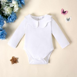 LYSMuch Baby Girls Long Sleeve Bodysuit Toddler Peter Pan Collar Romper Solid Color Clothes (12-18 Months, White)