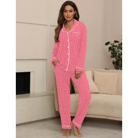 HNG Button Down Lounge Sets Black Pajamas Xmas Pjs Sleep Wear Set For Women Pink Hearts, S