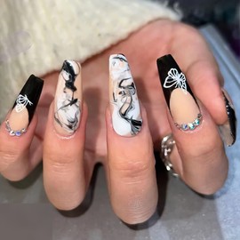 BABALAL Coffin Press on Nails Long Fake Nails Black Glossy Glue on Nails 24pcs Ballerina Acrylic Nails Butterfly Nails for Women and Girls